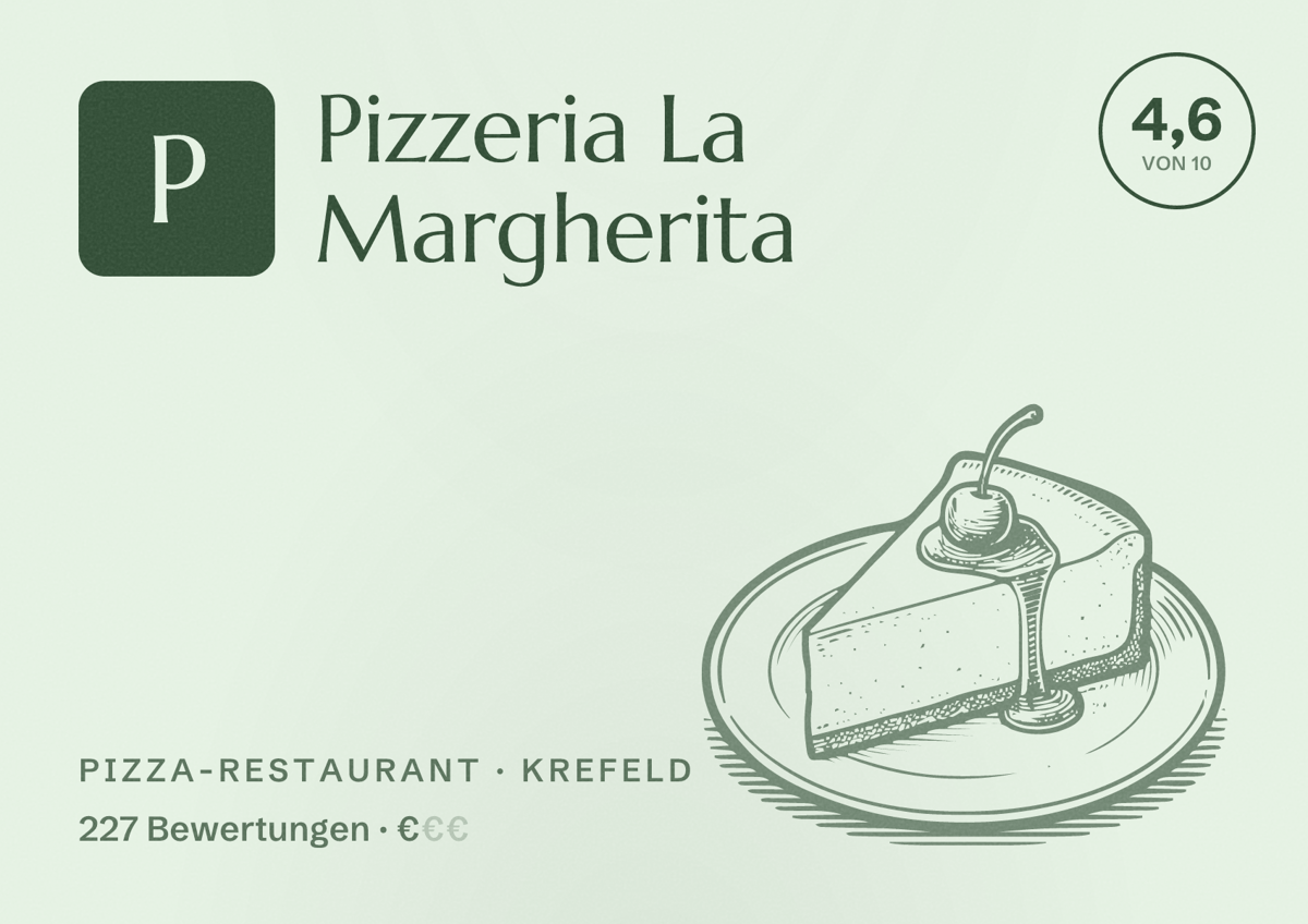Illustriertes Poster von Pizzeria La Margherita, Pizza-Restaurant in Krefeld: Bewertung 4,6 von 10 aus 227 Bewertungen, Preisniveau €