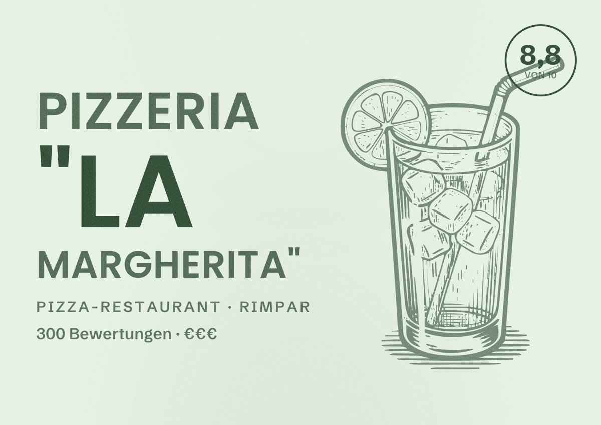 Illustriertes Poster von Pizzeria "la margherita", Pizza-Restaurant in Rimpar: Bewertung 8,8 von 10 aus 300 Bewertungen, Preisniveau €€€