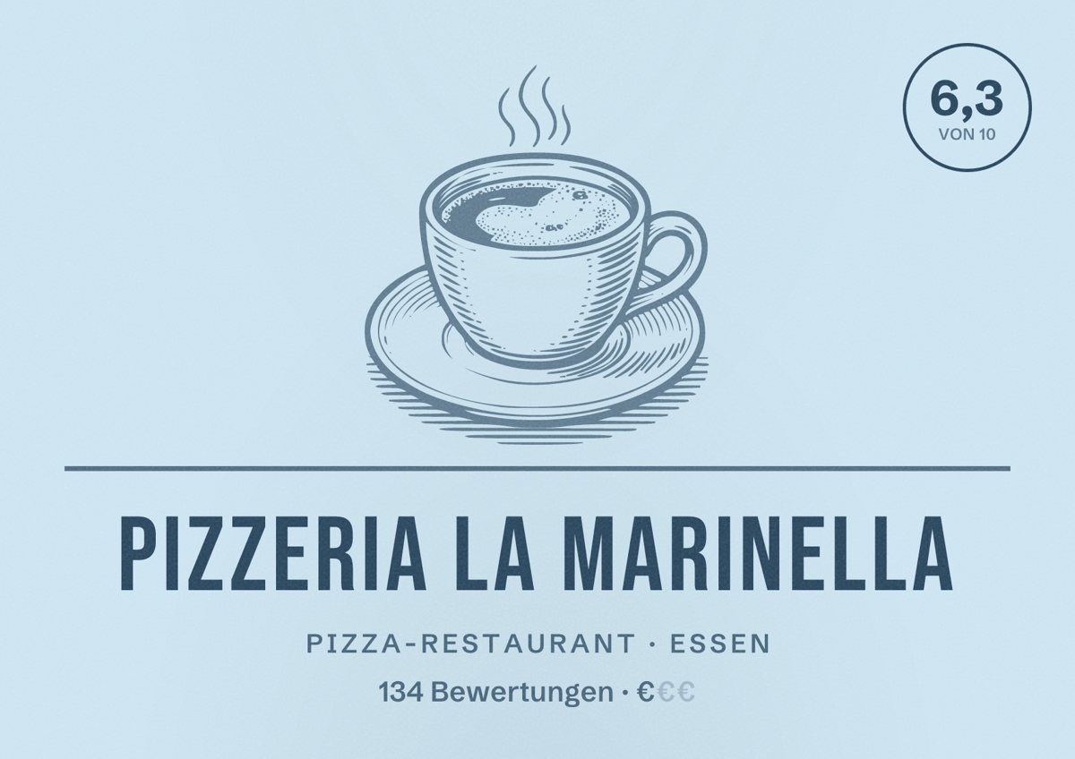 Illustriertes Poster von Pizzeria La Marinella, Pizza-Restaurant in Essen: Bewertung 6,3 von 10 aus 134 Bewertungen, Preisniveau €