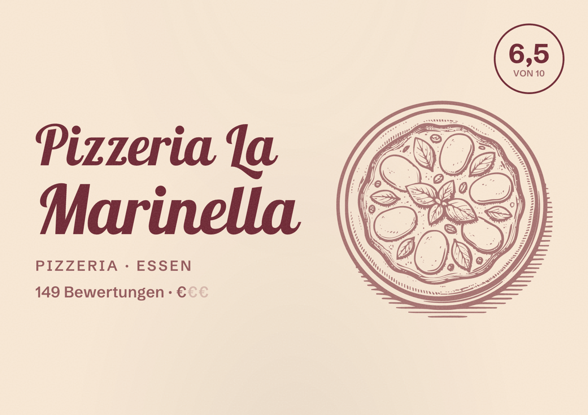 Illustriertes Poster von Pizzeria La Marinella, Pizzeria in Essen: Bewertung 6,5 von 10 aus 149 Bewertungen, Preisniveau €