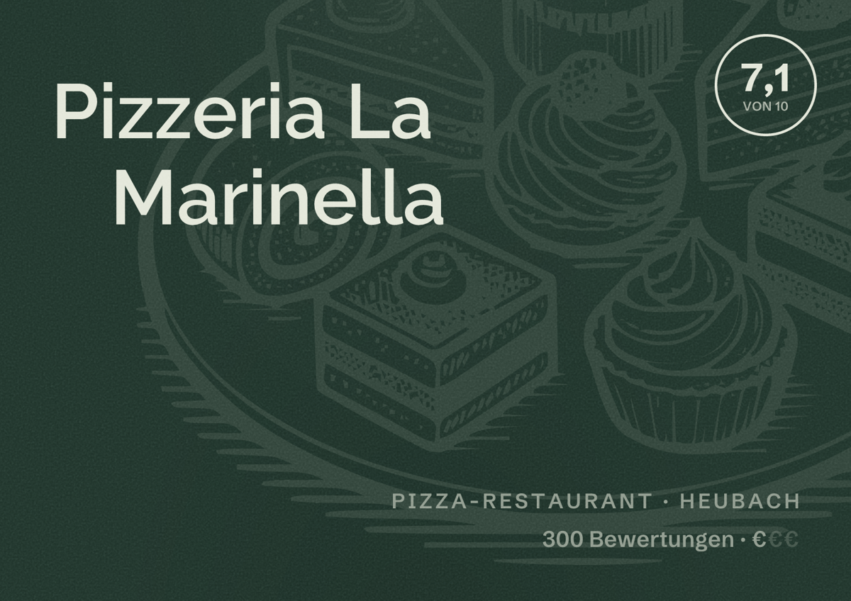 Illustriertes Poster von Pizzeria La Marinella, Pizza-Restaurant in Heubach: Bewertung 7,1 von 10 aus 300 Bewertungen, Preisniveau €