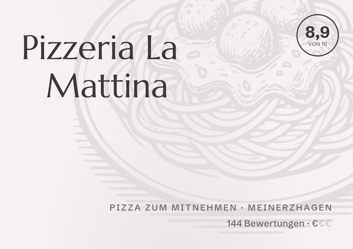 Illustriertes Poster von Pizzeria La Mattina, Pizza zum Mitnehmen in Meinerzhagen: Bewertung 8,9 von 10 aus 144 Bewertungen, Preisniveau €
