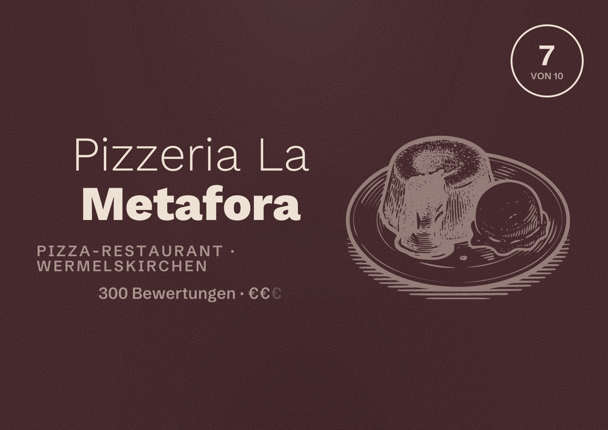 Illustriertes Poster von Pizzeria La Metafora, Pizza-Restaurant in Wermelskirchen: Bewertung 7 von 10 aus 300 Bewertungen, Preisniveau €€