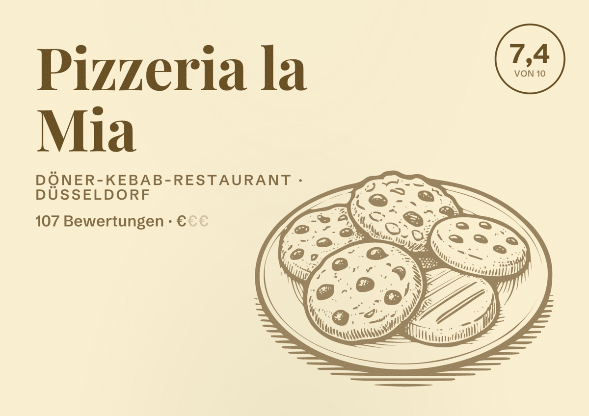 Illustriertes Poster von Pizzeria la Mia, Döner-Kebab-Restaurant in Düsseldorf: Bewertung 7,4 von 10 aus 107 Bewertungen, Preisniveau €