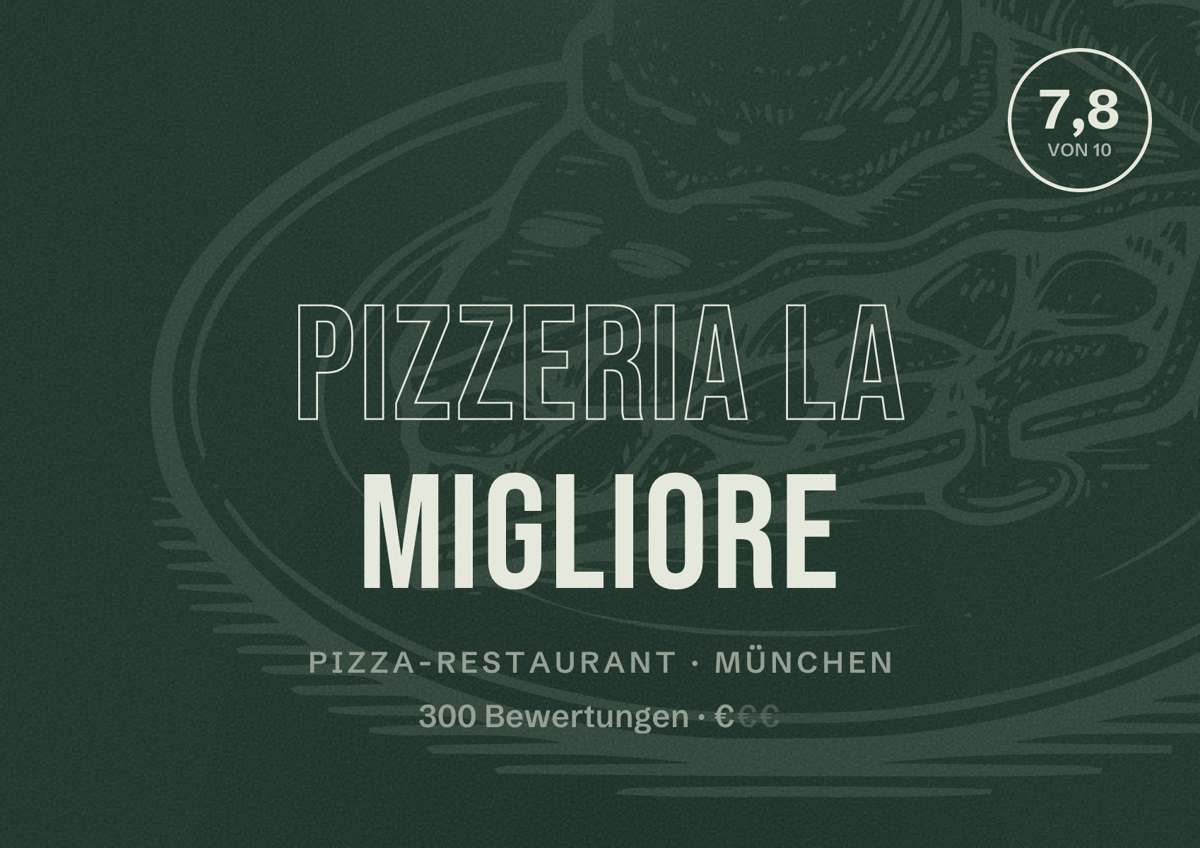 Illustriertes Poster von Pizzeria La Migliore, Pizza-Restaurant in München: Bewertung 7,8 von 10 aus 300 Bewertungen, Preisniveau €