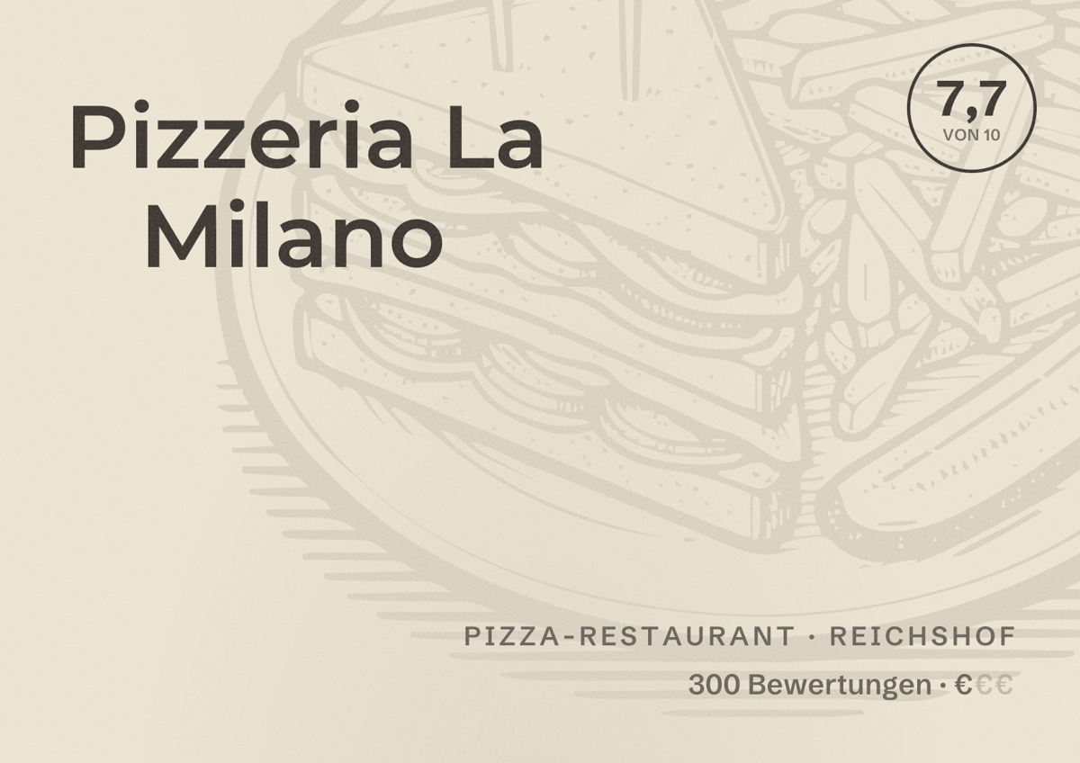 Illustriertes Poster von Pizzeria La Milano, Pizza-Restaurant in Reichshof: Bewertung 7,7 von 10 aus 300 Bewertungen, Preisniveau €