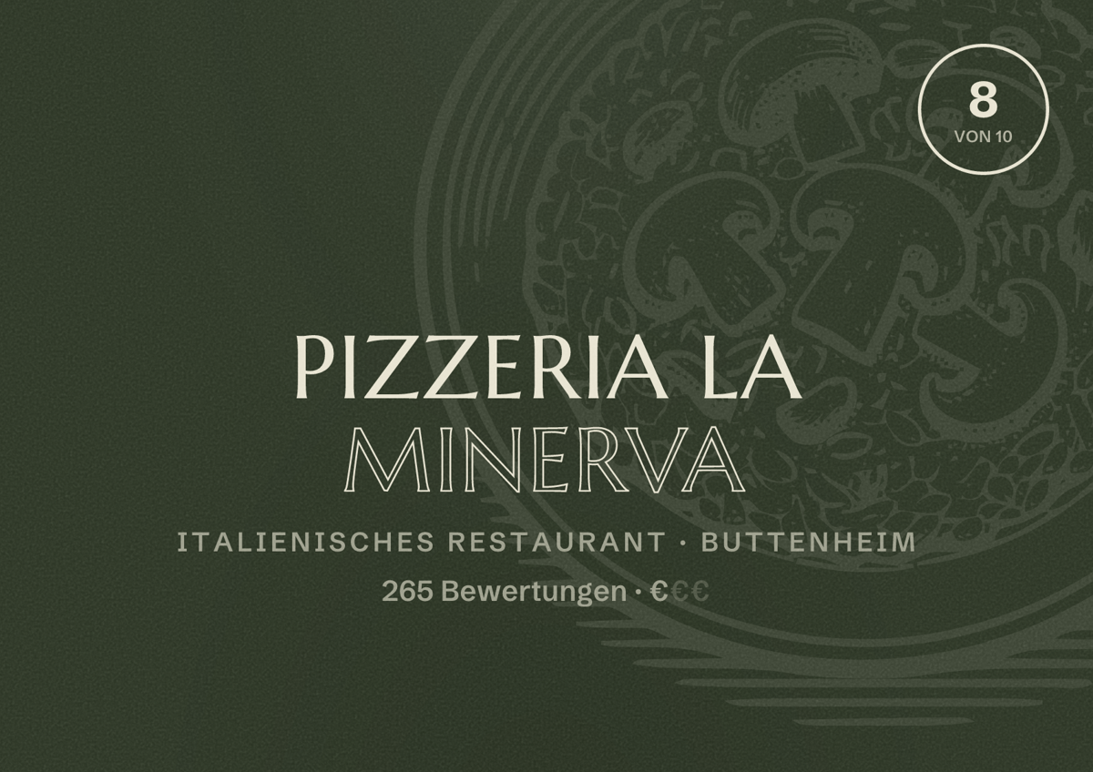 Illustriertes Poster von Pizzeria La Minerva, Italienisches Restaurant in Buttenheim: Bewertung 8 von 10 aus 265 Bewertungen, Preisniveau €