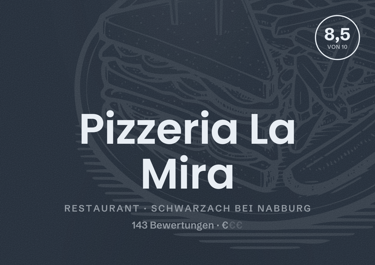 Illustriertes Poster von Pizzeria La Mira, Restaurant in Schwarzach bei Nabburg: Bewertung 8,5 von 10 aus 143 Bewertungen, Preisniveau €