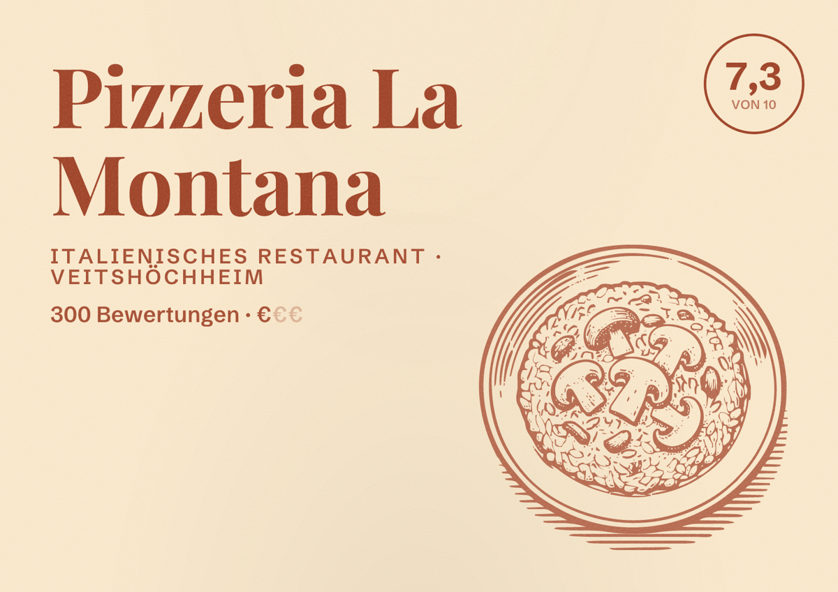 Illustriertes Poster von Pizzeria La Montana, Italienisches Restaurant in Veitshöchheim: Bewertung 7,3 von 10 aus 300 Bewertungen, Preisniveau €