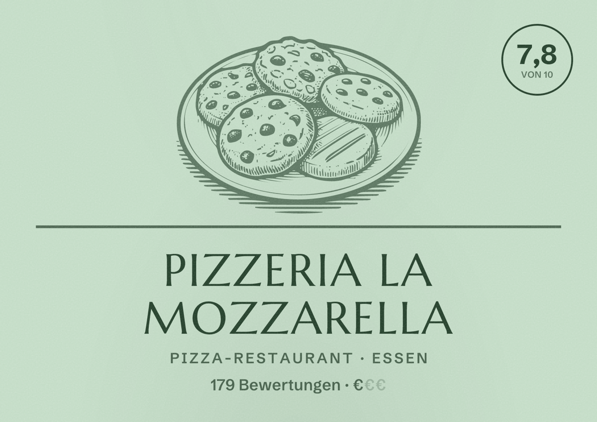 Illustriertes Poster von Pizzeria La Mozzarella, Pizza-Restaurant in Essen: Bewertung 7,8 von 10 aus 179 Bewertungen, Preisniveau €