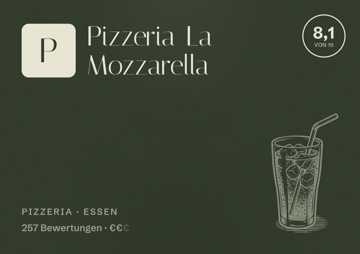 Illustriertes Poster von Pizzeria La Mozzarella, Pizzeria in Essen: Bewertung 8,1 von 10 aus 257 Bewertungen, Preisniveau €€