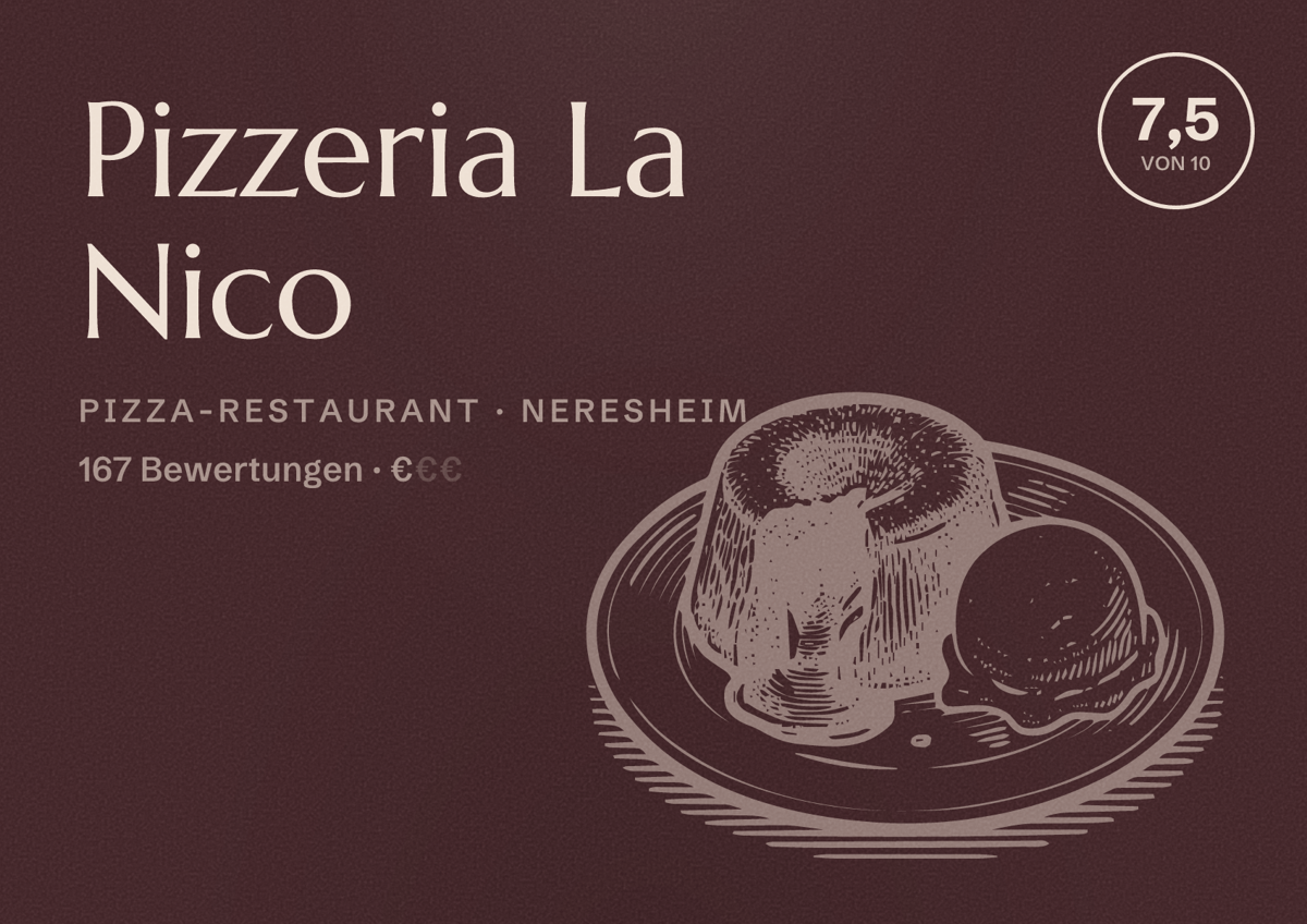 Illustriertes Poster von Pizzeria La Nico, Pizza-Restaurant in Neresheim: Bewertung 7,5 von 10 aus 167 Bewertungen, Preisniveau €