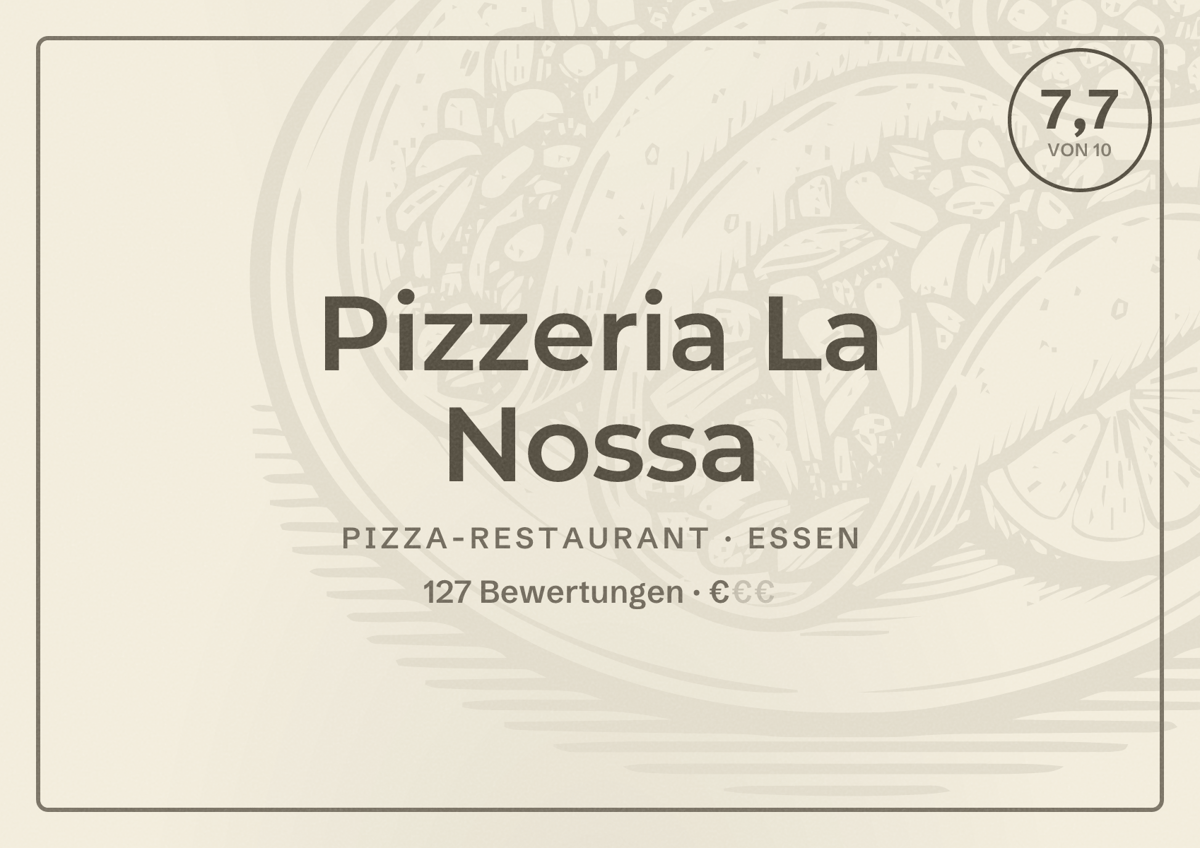 Illustriertes Poster von Pizzeria La Nossa, Pizza-Restaurant in Essen: Bewertung 7,7 von 10 aus 127 Bewertungen, Preisniveau €