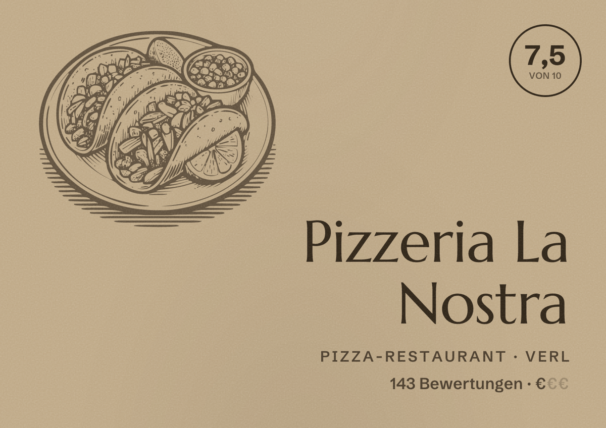 Illustriertes Poster von Pizzeria La Nostra, Pizza-Restaurant in Verl: Bewertung 7,5 von 10 aus 143 Bewertungen, Preisniveau €