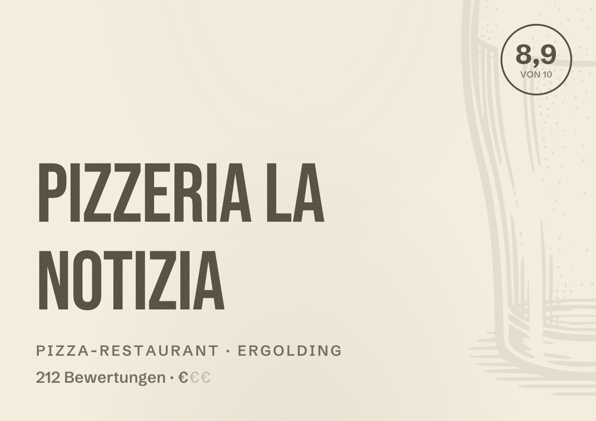 Illustriertes Poster von Pizzeria La Notizia, Pizza-Restaurant in Ergolding: Bewertung 8,9 von 10 aus 212 Bewertungen, Preisniveau €