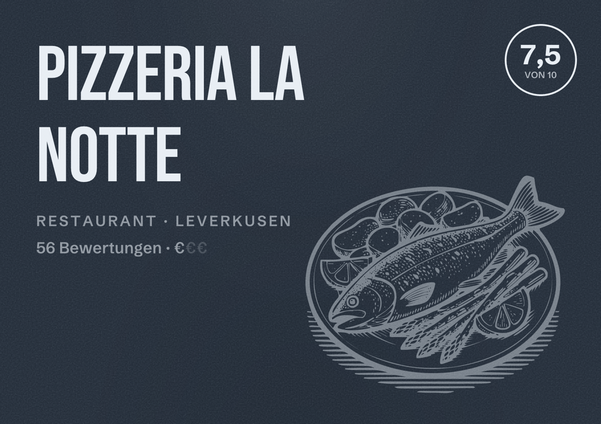 Illustriertes Poster von Pizzeria La Notte, Restaurant in Leverkusen: Bewertung 7,5 von 10 aus 56 Bewertungen, Preisniveau €