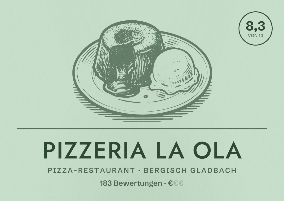 Illustriertes Poster von Pizzeria La Ola, Pizza-Restaurant in Bergisch Gladbach: Bewertung 8,3 von 10 aus 183 Bewertungen, Preisniveau €