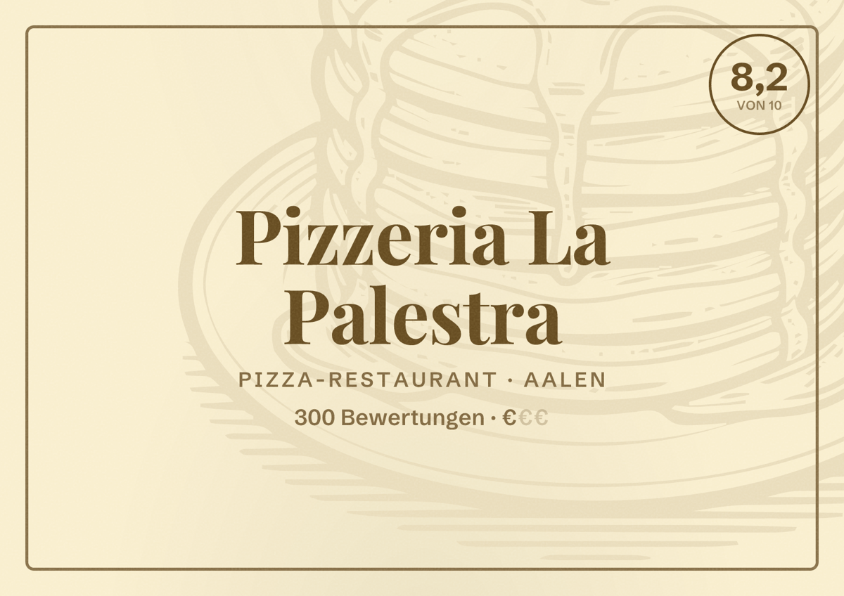 Illustriertes Poster von Pizzeria La Palestra, Pizza-Restaurant in Aalen: Bewertung 8,2 von 10 aus 300 Bewertungen, Preisniveau €