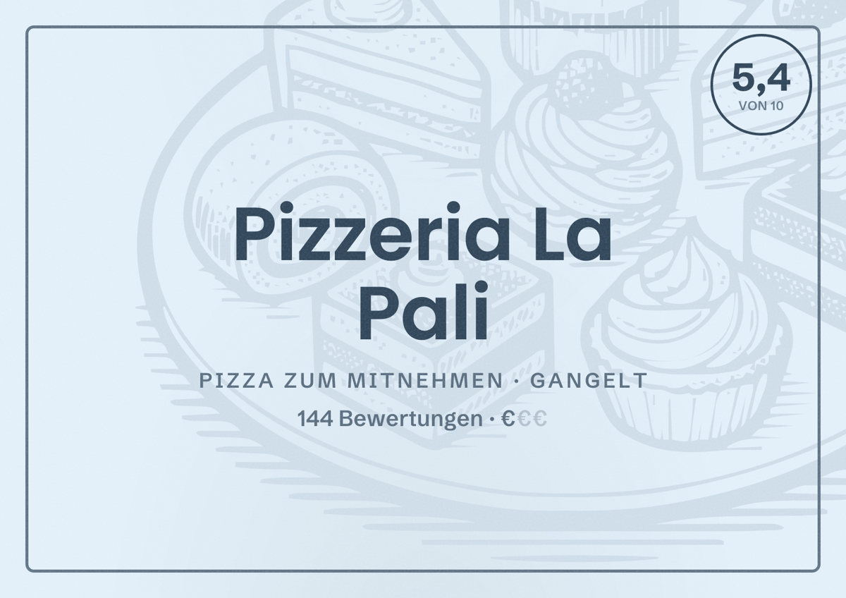 Illustriertes Poster von Pizzeria La Pali, Pizza zum Mitnehmen in Gangelt: Bewertung 5,4 von 10 aus 144 Bewertungen, Preisniveau €