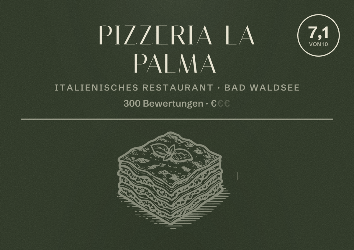Illustriertes Poster von Pizzeria La Palma, Italienisches Restaurant in Bad Waldsee: Bewertung 7,1 von 10 aus 300 Bewertungen, Preisniveau €