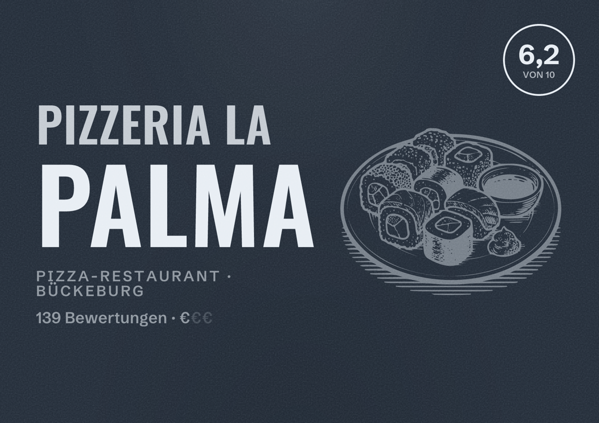 Illustriertes Poster von Pizzeria La Palma, Pizza-Restaurant in Bückeburg: Bewertung 6,2 von 10 aus 139 Bewertungen, Preisniveau €