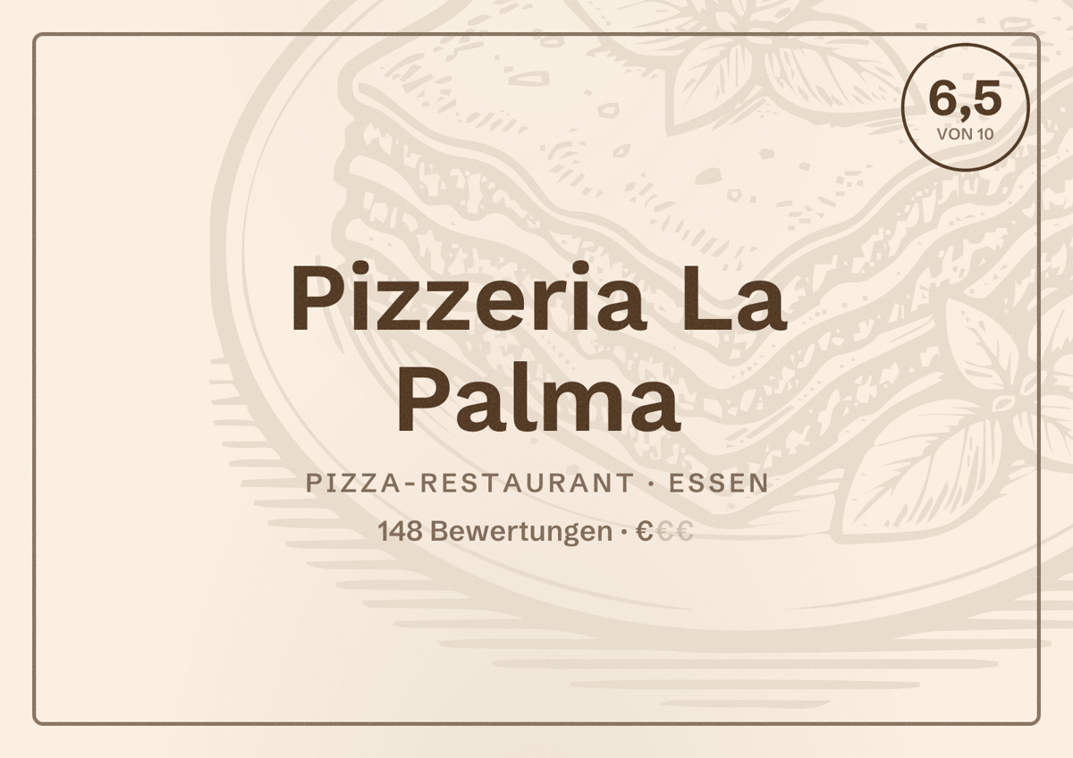Illustriertes Poster von Pizzeria La Palma, Pizza-Restaurant in Essen: Bewertung 6,5 von 10 aus 148 Bewertungen, Preisniveau €