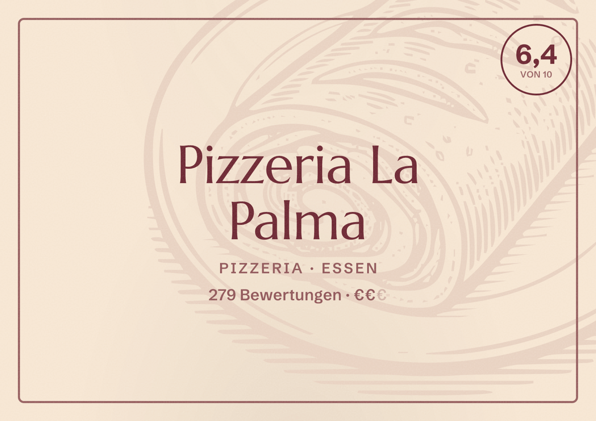 Illustriertes Poster von Pizzeria La Palma, Pizzeria in Essen: Bewertung 6,4 von 10 aus 279 Bewertungen, Preisniveau €€