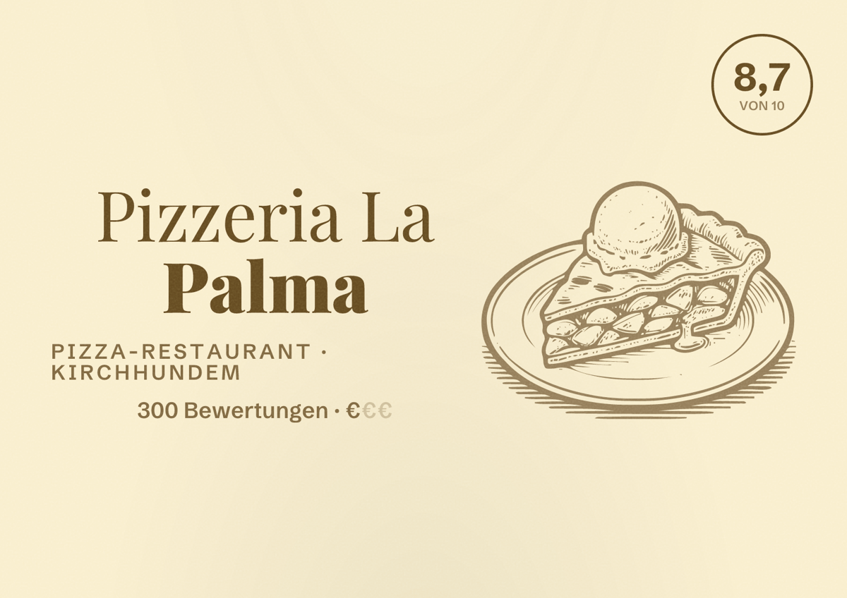 Illustriertes Poster von Pizzeria La Palma, Pizza-Restaurant in Kirchhundem: Bewertung 8,7 von 10 aus 300 Bewertungen, Preisniveau €