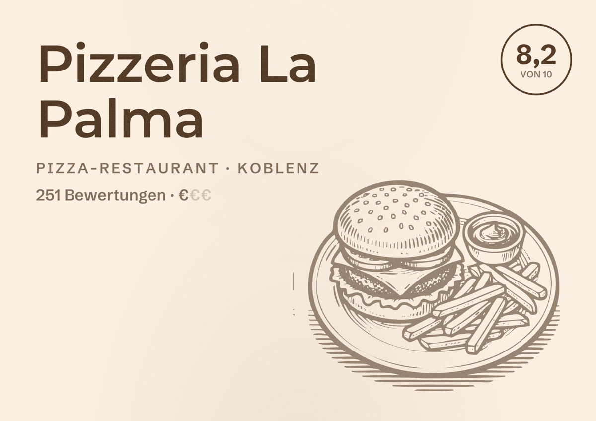 Illustriertes Poster von Pizzeria La Palma, Pizza-Restaurant in Koblenz: Bewertung 8,2 von 10 aus 251 Bewertungen, Preisniveau €