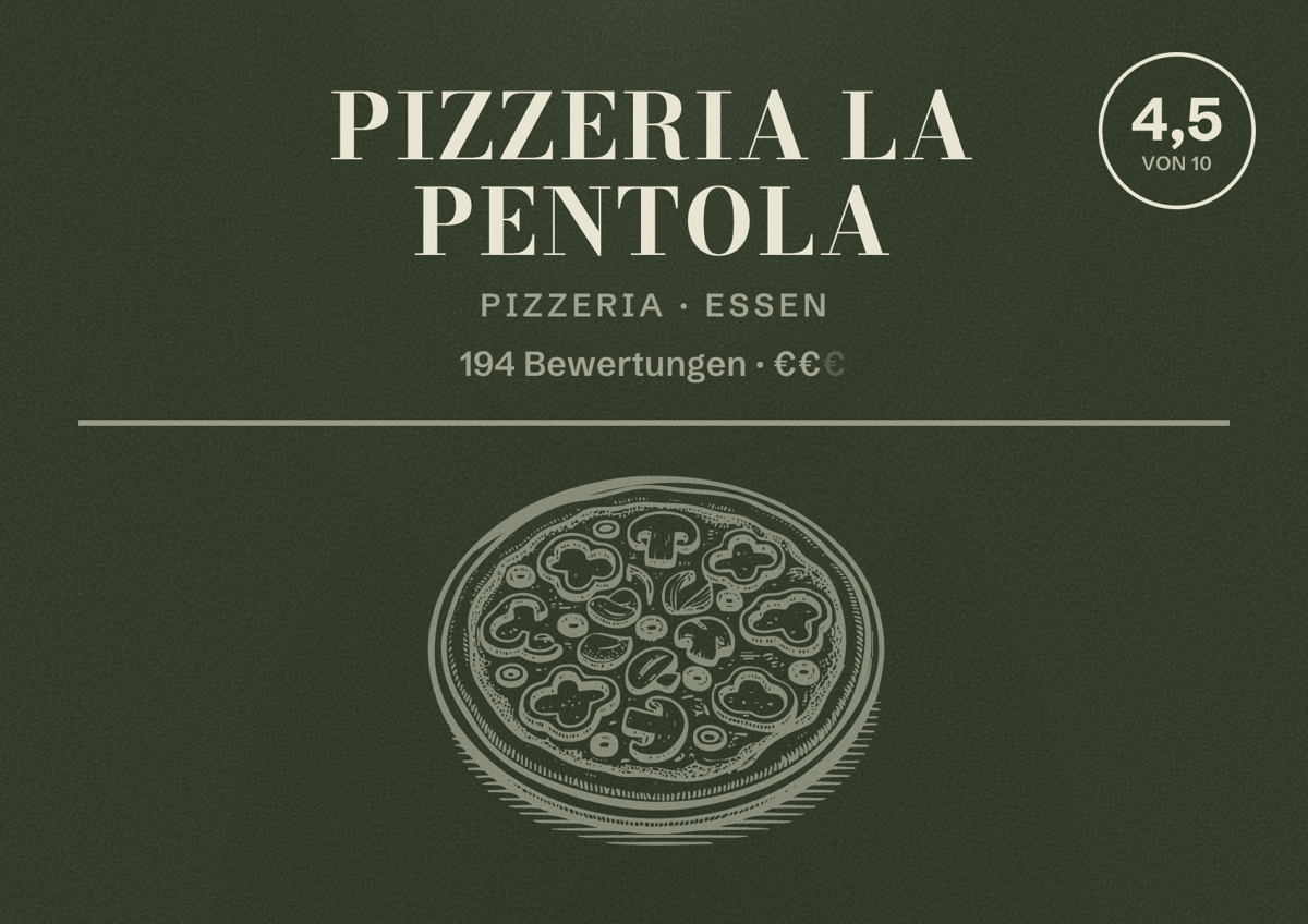 Illustriertes Poster von Pizzeria La Pentola, Pizzeria in Essen: Bewertung 4,5 von 10 aus 194 Bewertungen, Preisniveau €€