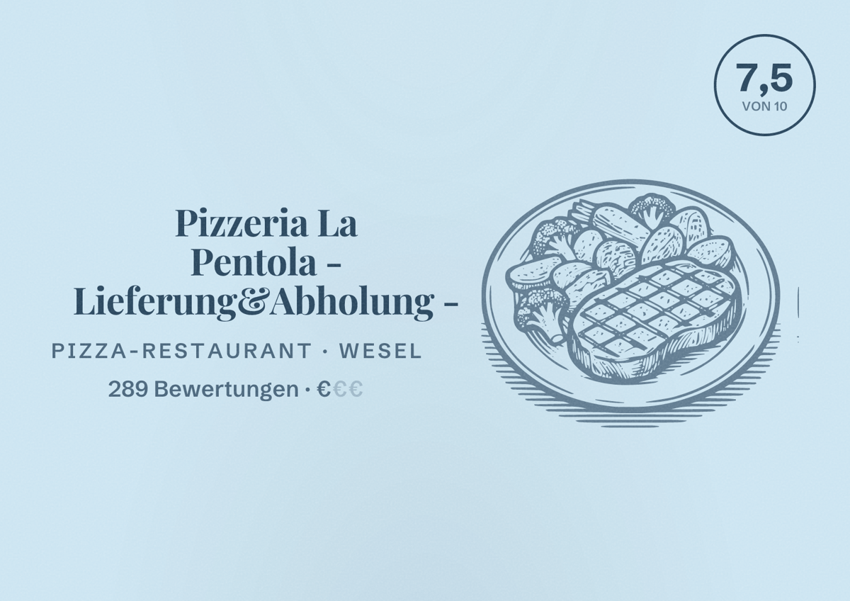 Illustriertes Poster von Pizzeria La Pentola - Lieferung&Abholung -, Pizza-Restaurant in Wesel: Bewertung 7,5 von 10 aus 289 Bewertungen, Preisniveau €
