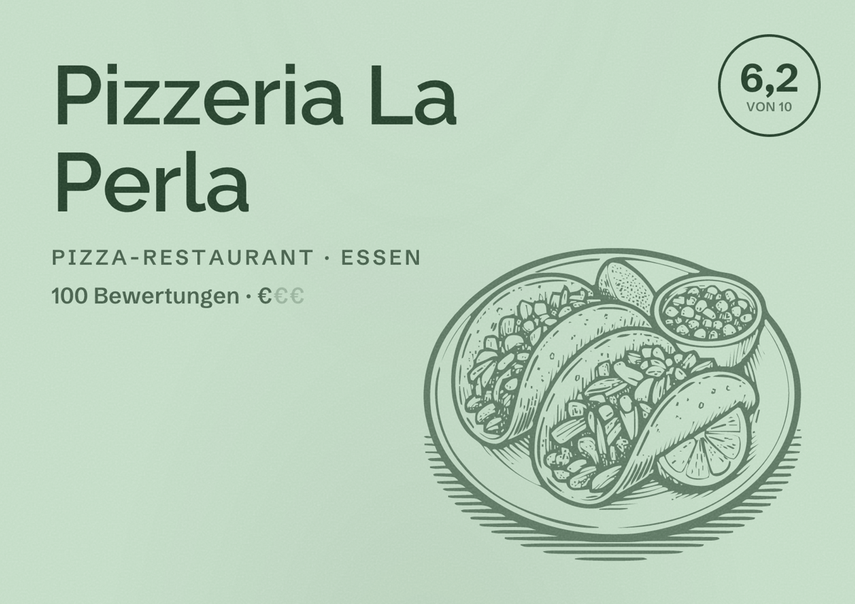 Illustriertes Poster von Pizzeria La Perla, Pizza-Restaurant in Essen: Bewertung 6,2 von 10 aus 100 Bewertungen, Preisniveau €