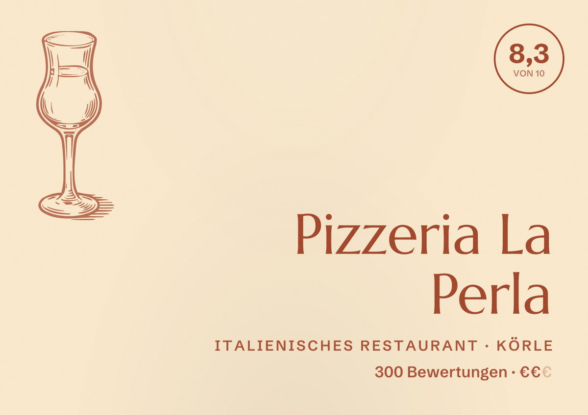 Illustriertes Poster von Pizzeria La Perla, Italienisches Restaurant in Körle: Bewertung 8,3 von 10 aus 300 Bewertungen, Preisniveau €€