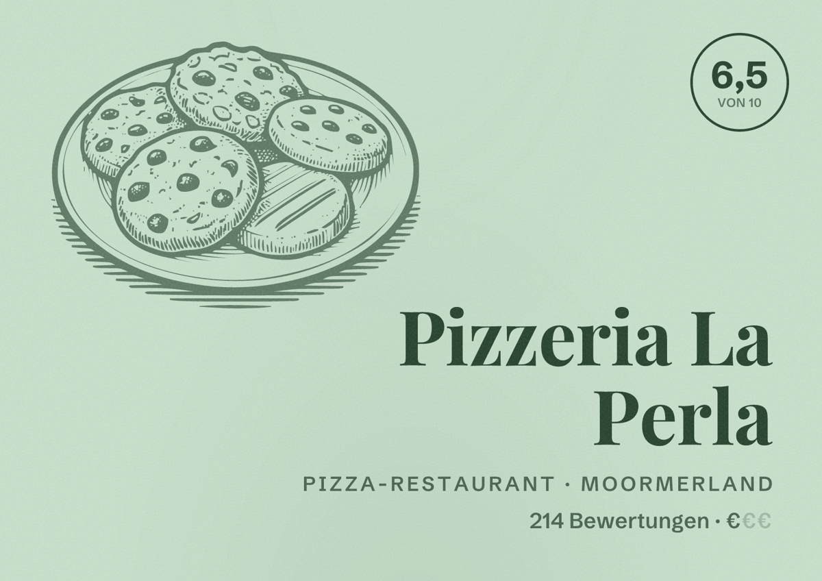 Illustriertes Poster von Pizzeria La Perla, Pizza-Restaurant in Moormerland: Bewertung 6,5 von 10 aus 214 Bewertungen, Preisniveau €