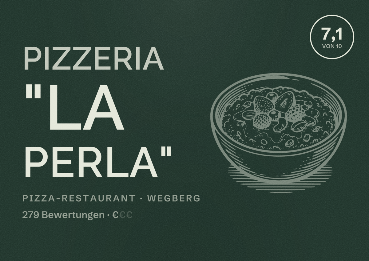 Illustriertes Poster von Pizzeria "La Perla", Pizza-Restaurant in Wegberg: Bewertung 7,1 von 10 aus 279 Bewertungen, Preisniveau €