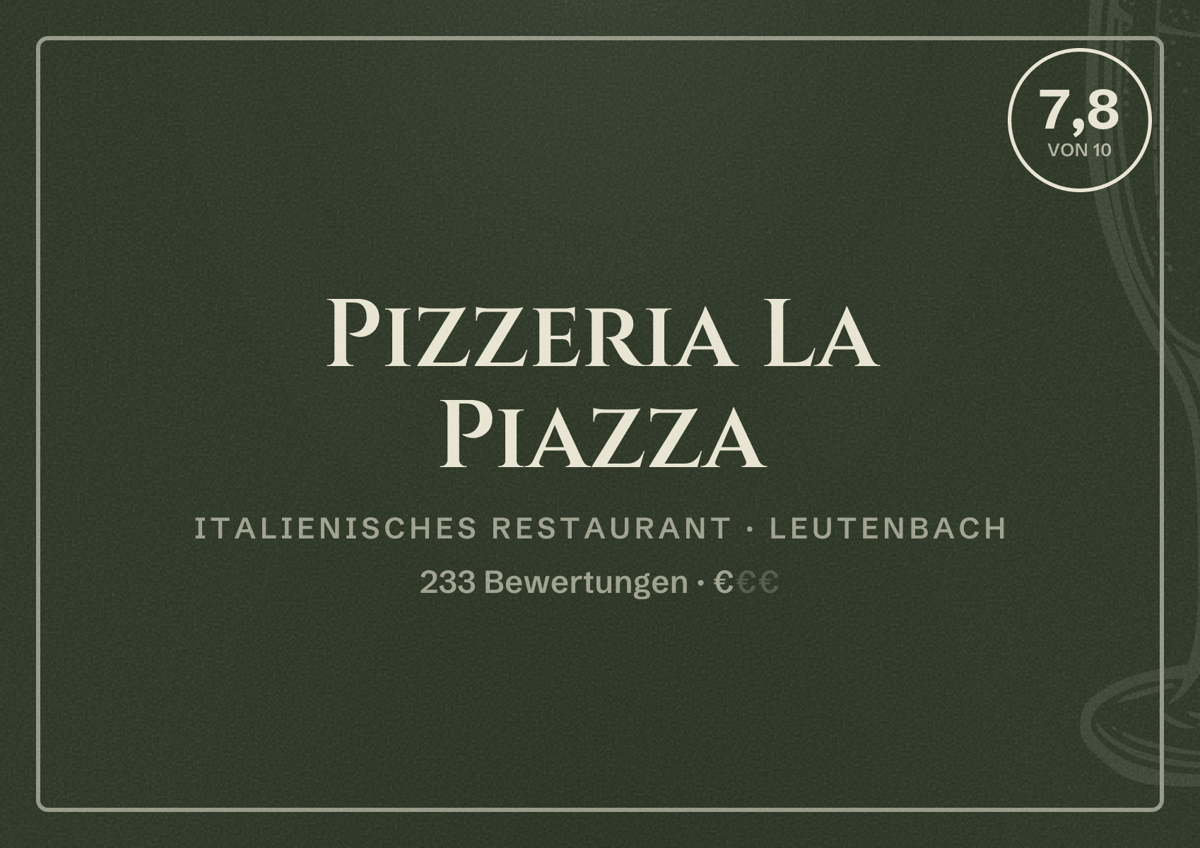 Illustriertes Poster von Pizzeria La Piazza, Italienisches Restaurant in Leutenbach: Bewertung 7,8 von 10 aus 233 Bewertungen, Preisniveau €