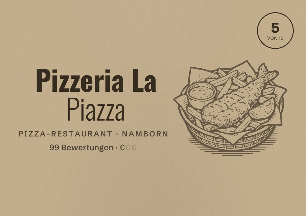Illustriertes Poster von Pizzeria La Piazza, Pizza-Restaurant in Namborn: Bewertung 5 von 10 aus 99 Bewertungen, Preisniveau €