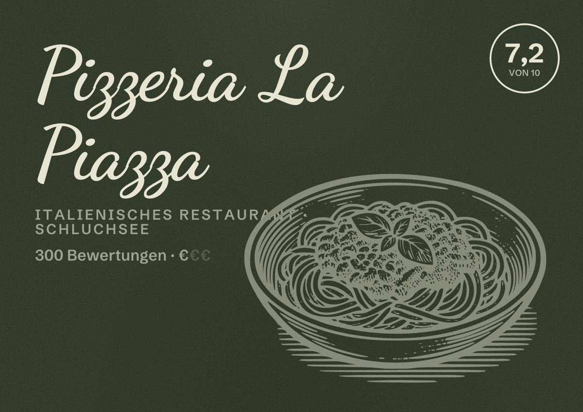 Illustriertes Poster von Pizzeria La Piazza, Italienisches Restaurant in Schluchsee: Bewertung 7,2 von 10 aus 300 Bewertungen, Preisniveau €