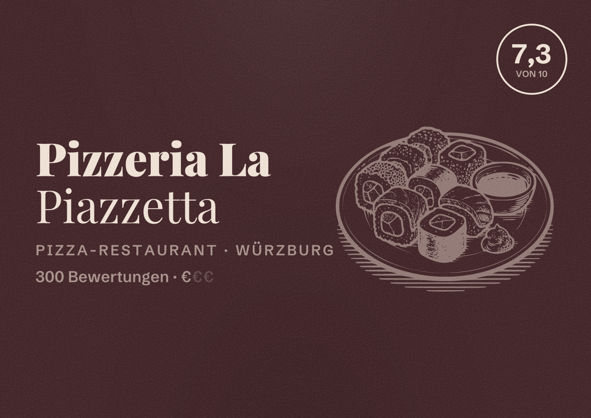 Illustriertes Poster von Pizzeria La Piazzetta, Pizza-Restaurant in Würzburg: Bewertung 7,3 von 10 aus 300 Bewertungen, Preisniveau €