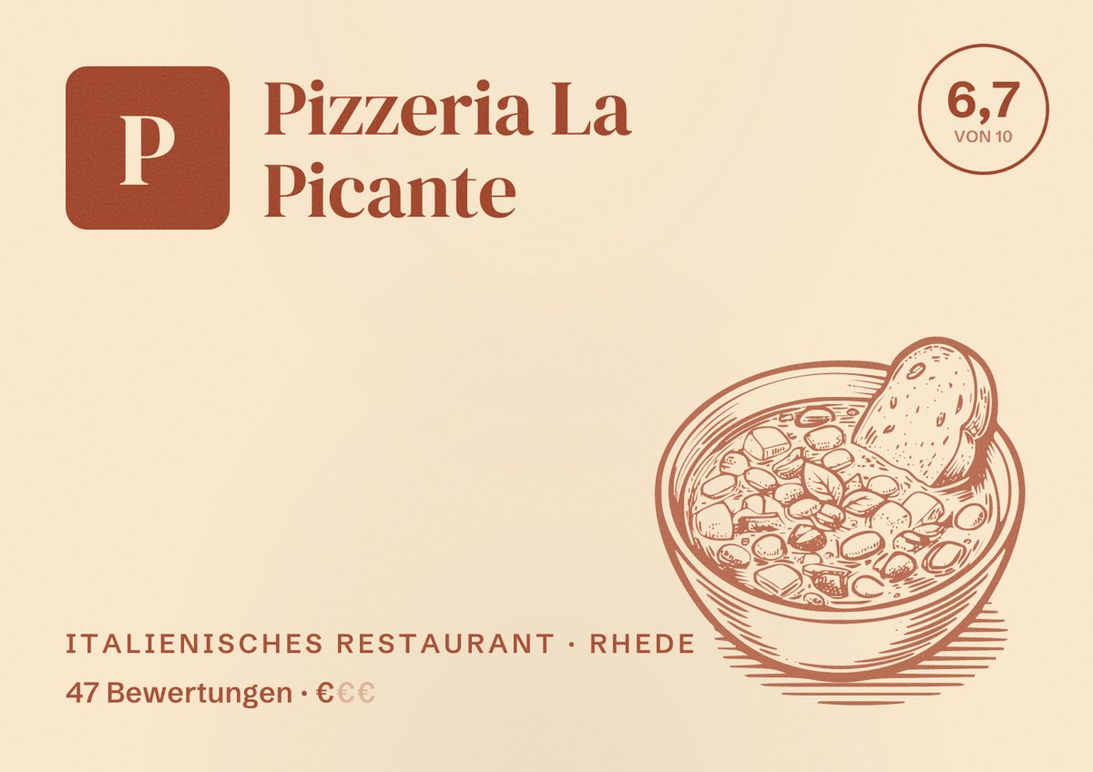 Illustriertes Poster von Pizzeria La Picante, Italienisches Restaurant in Rhede: Bewertung 6,7 von 10 aus 47 Bewertungen, Preisniveau €
