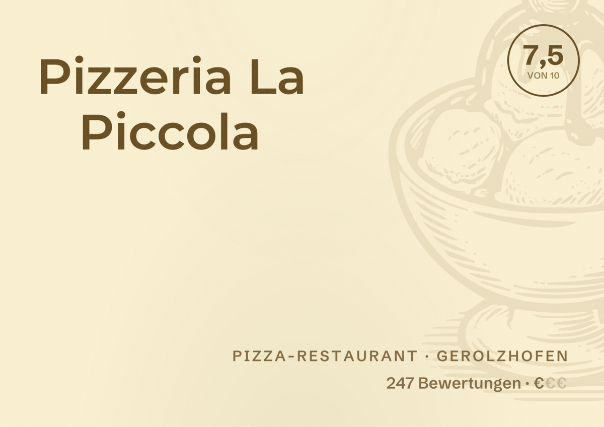 Illustriertes Poster von Pizzeria La Piccola, Pizza-Restaurant in Gerolzhofen: Bewertung 7,5 von 10 aus 247 Bewertungen, Preisniveau €