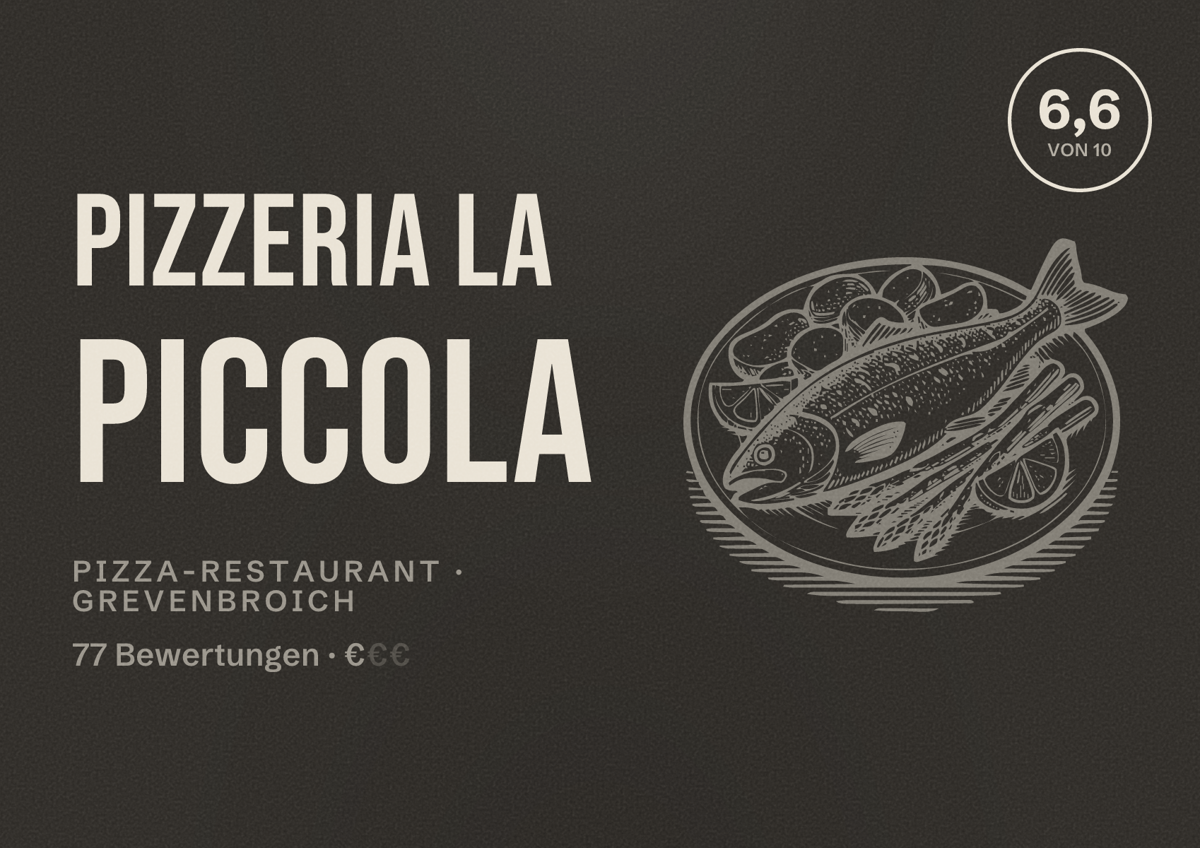 Illustriertes Poster von Pizzeria La Piccola, Pizza-Restaurant in Grevenbroich: Bewertung 6,6 von 10 aus 77 Bewertungen, Preisniveau €