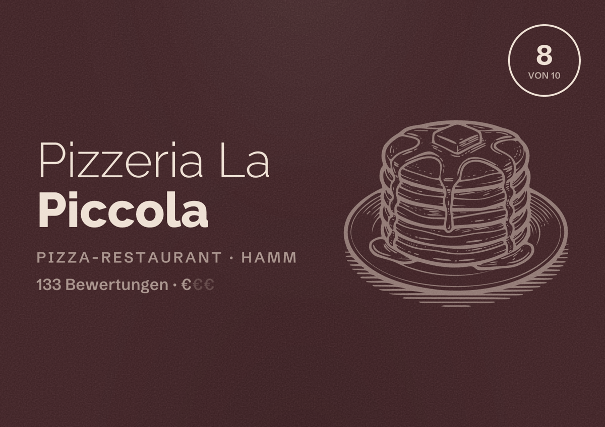 Illustriertes Poster von Pizzeria La Piccola, Pizza-Restaurant in Hamm: Bewertung 8 von 10 aus 133 Bewertungen, Preisniveau €