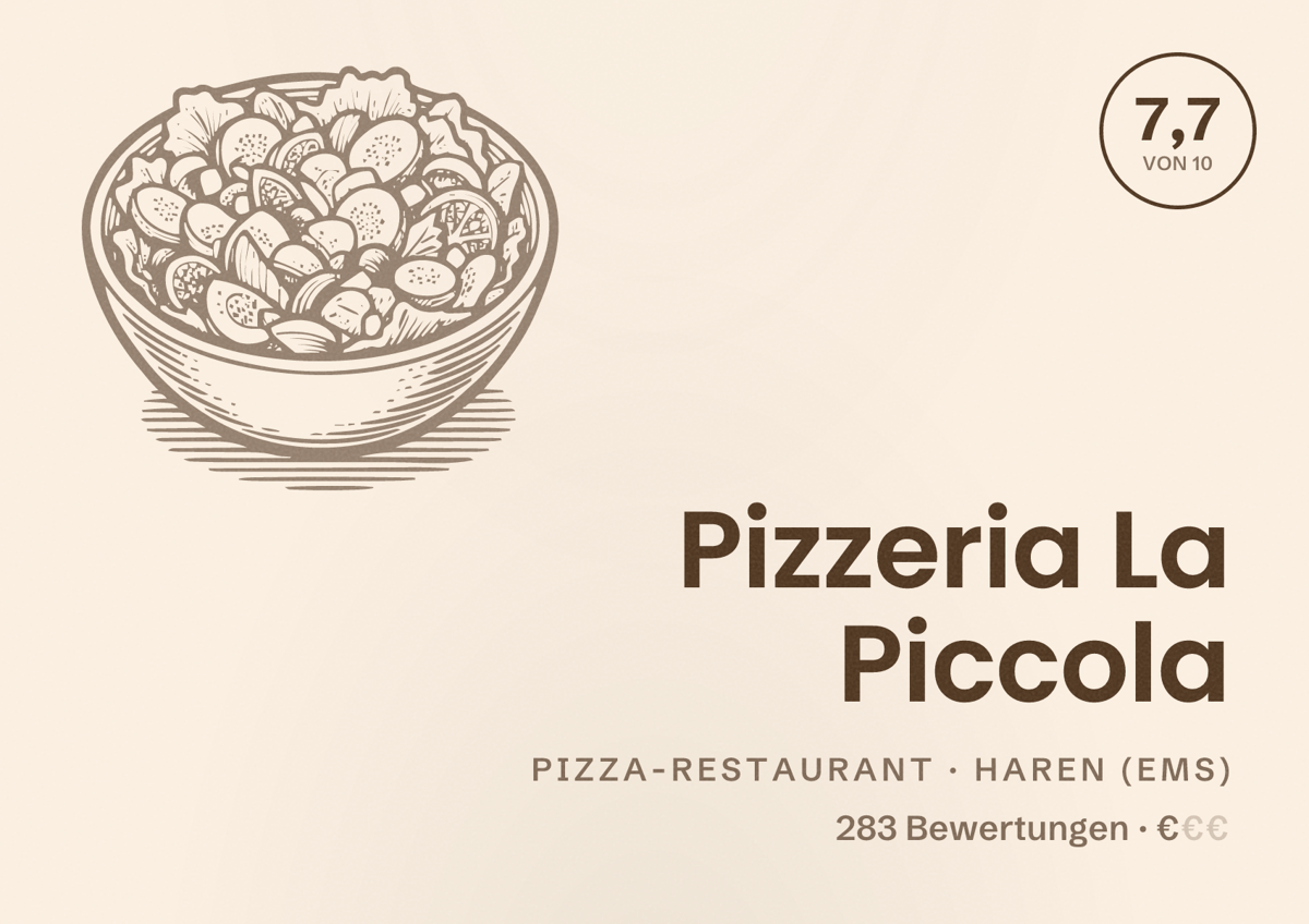 Illustriertes Poster von Pizzeria La Piccola, Pizza-Restaurant in Haren (Ems): Bewertung 7,7 von 10 aus 283 Bewertungen, Preisniveau €