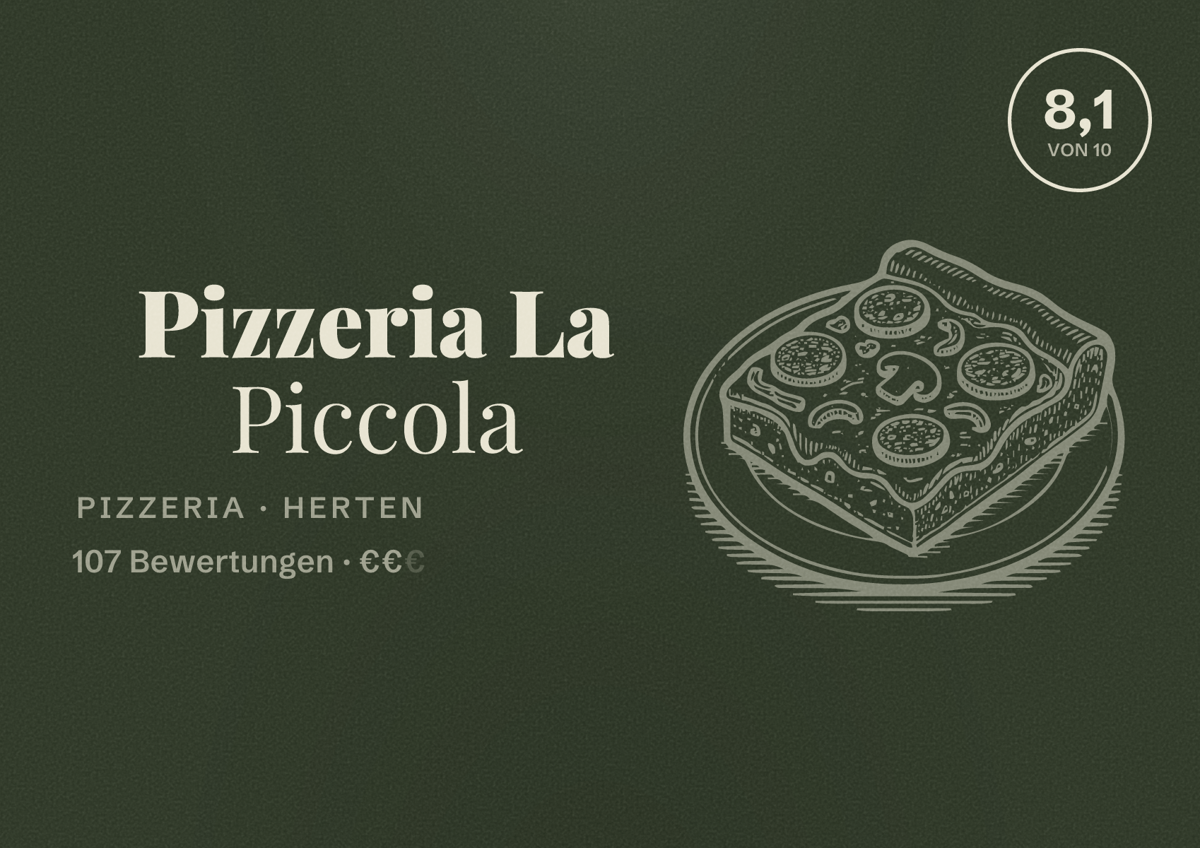 Illustriertes Poster von Pizzeria La Piccola, Pizzeria in Herten: Bewertung 8,1 von 10 aus 107 Bewertungen, Preisniveau €€