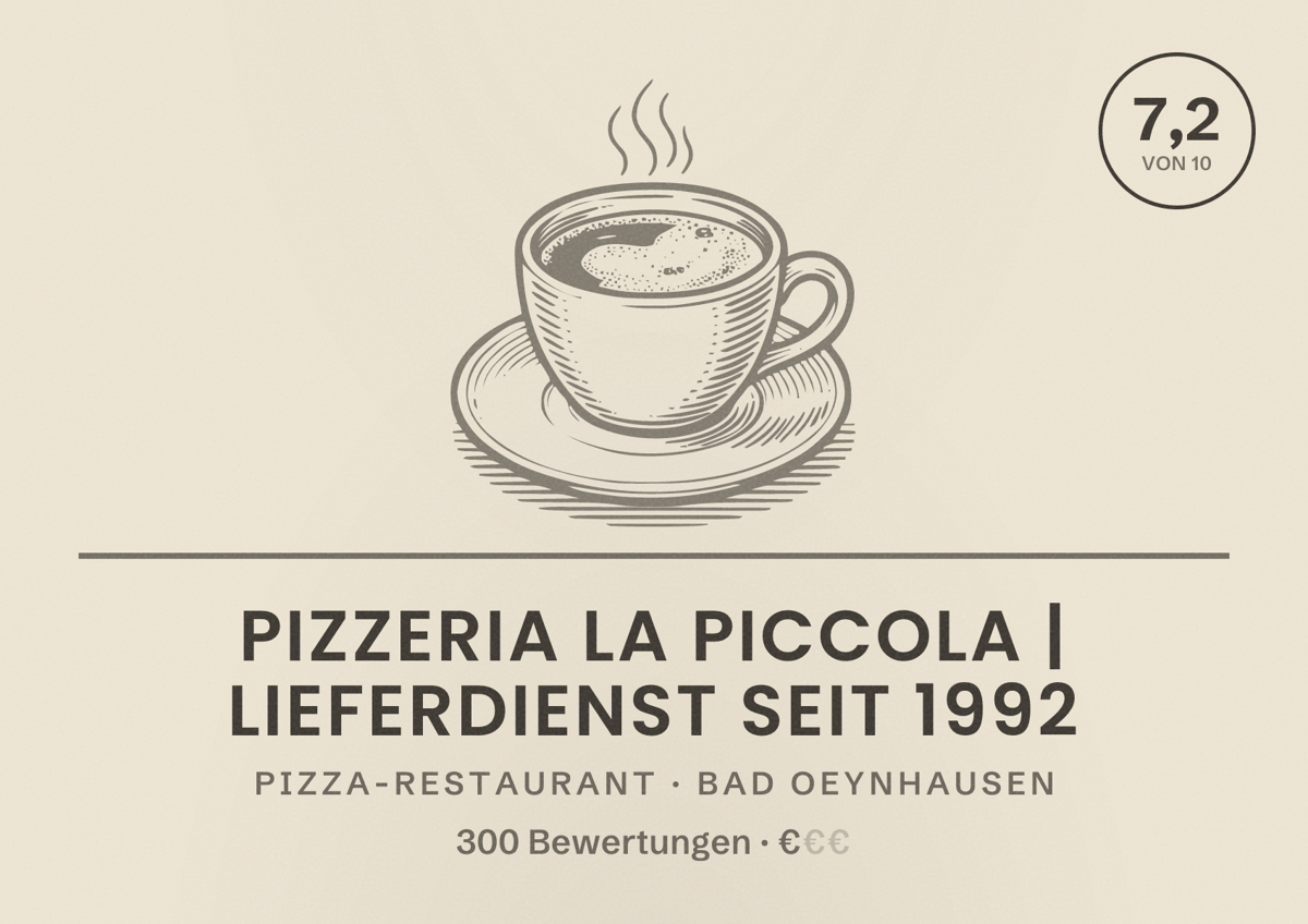 Illustriertes Poster von Pizzeria La Piccola | Lieferdienst seit 1992, Pizza-Restaurant in Bad Oeynhausen: Bewertung 7,2 von 10 aus 300 Bewertungen, Preisniveau €