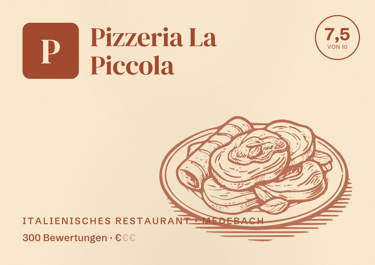 Illustriertes Poster von Pizzeria La Piccola, Italienisches Restaurant in Medebach: Bewertung 7,5 von 10 aus 300 Bewertungen, Preisniveau €