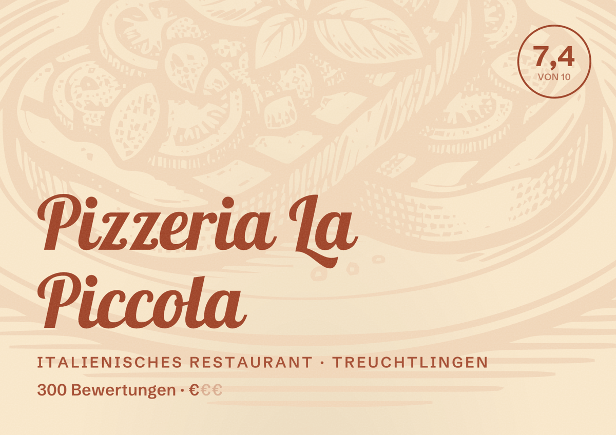 Illustriertes Poster von Pizzeria La Piccola, Italienisches Restaurant in Treuchtlingen: Bewertung 7,4 von 10 aus 300 Bewertungen, Preisniveau €