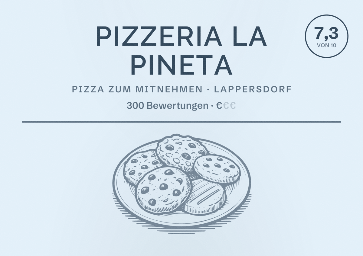 Illustriertes Poster von Pizzeria La Pineta, Pizza zum Mitnehmen in Lappersdorf: Bewertung 7,3 von 10 aus 300 Bewertungen, Preisniveau €