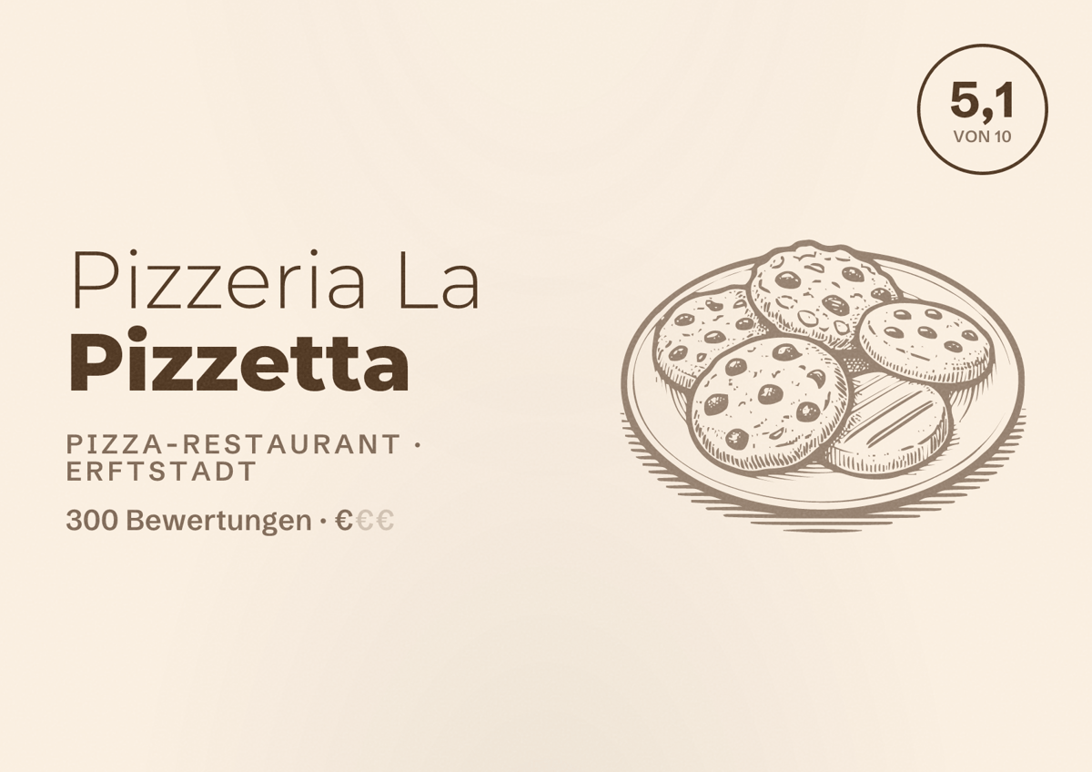Illustriertes Poster von Pizzeria La Pizzetta, Pizza-Restaurant in Erftstadt: Bewertung 5,1 von 10 aus 300 Bewertungen, Preisniveau €